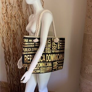 Republica Dominicana Rope-Handle Canvas Tote Bag - Black & Gold
